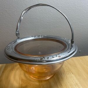 Elegant Pink Glass Candy Dish with Etched glass Silver-Tone Lid and Handle